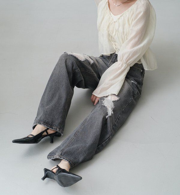  「【低身長サイズ/2サイズ展開/ウエスト調節可】レースデニムパンツ」|デニム|