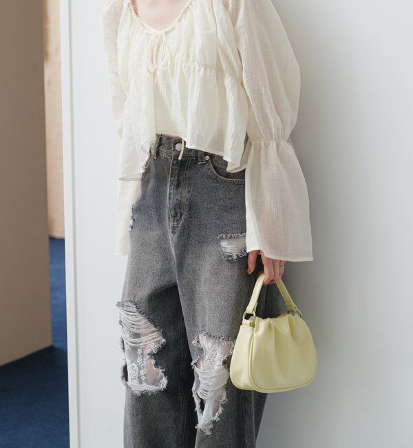  「【低身長サイズ/2サイズ展開/ウエスト調節可】レースデニムパンツ」|デニム|