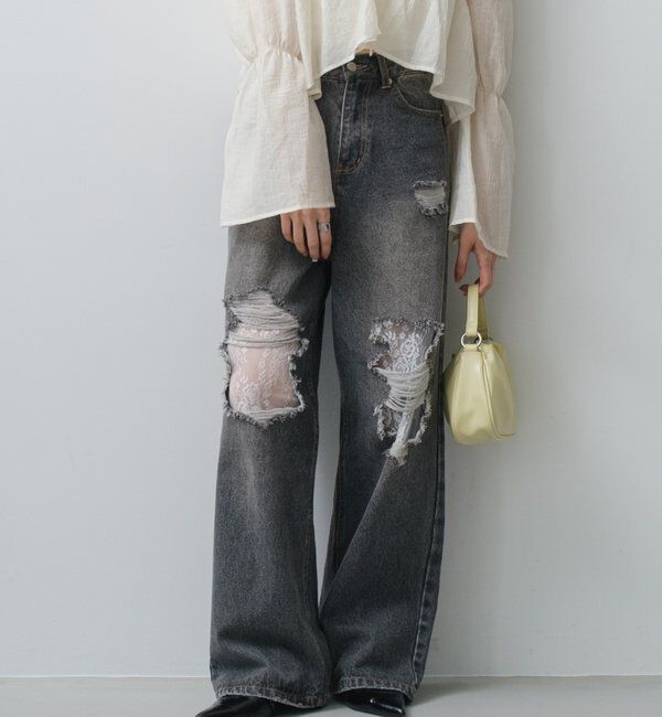  「【低身長サイズ/2サイズ展開/ウエスト調節可】レースデニムパンツ」|デニム|