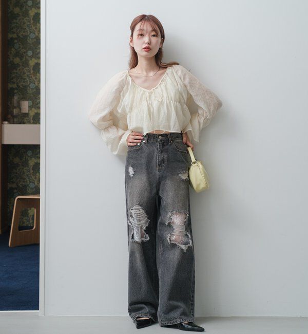  「【低身長サイズ/2サイズ展開/ウエスト調節可】レースデニムパンツ」|デニム|