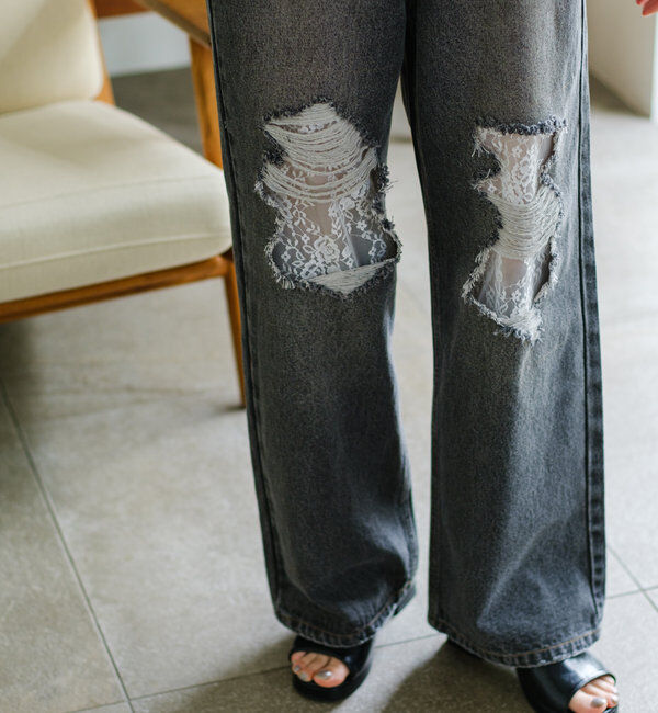  「【低身長サイズ/2サイズ展開/ウエスト調節可】レースデニムパンツ」|デニム|