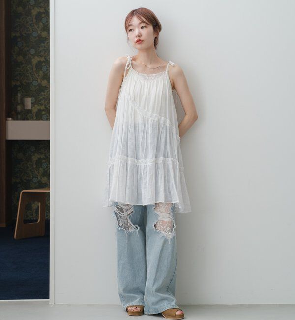  「【低身長サイズ/2サイズ展開/ウエスト調節可】レースデニムパンツ」|デニム|