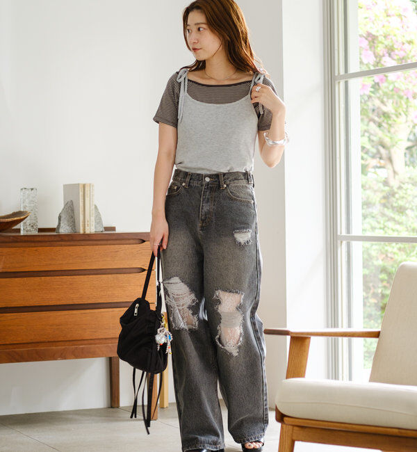  「【低身長サイズ/2サイズ展開/ウエスト調節可】レースデニムパンツ」|デニム|