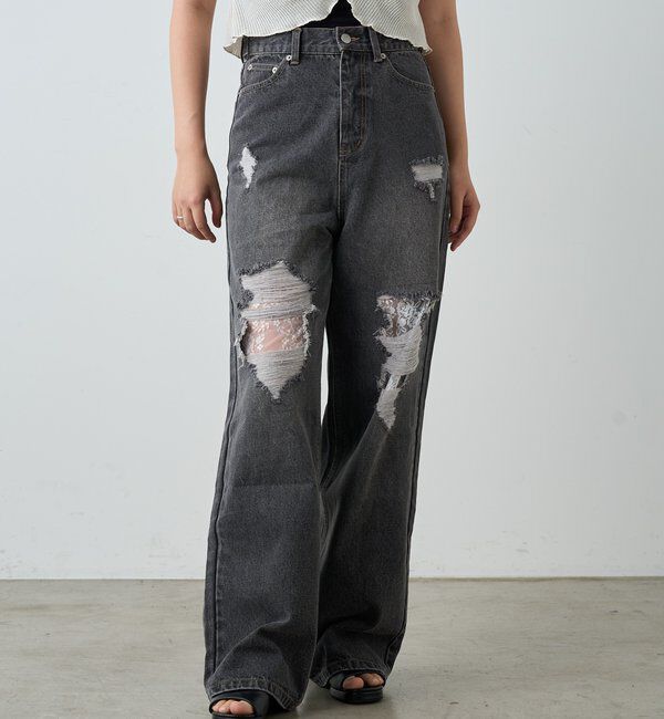  「【低身長サイズ/2サイズ展開/ウエスト調節可】レースデニムパンツ」|デニム|