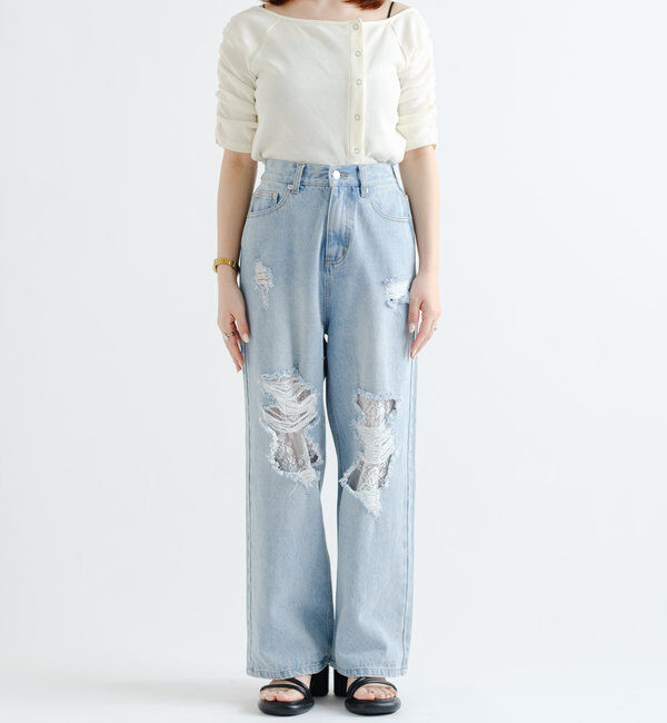  「【低身長サイズ/2サイズ展開/ウエスト調節可】レースデニムパンツ」|デニム|