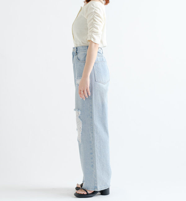  「【低身長サイズ/2サイズ展開/ウエスト調節可】レースデニムパンツ」|デニム|