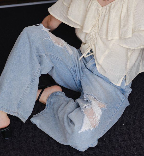  「【低身長サイズ/2サイズ展開/ウエスト調節可】レースデニムパンツ」|デニム|