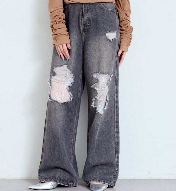  「【低身長サイズ/2サイズ展開/ウエスト調節可】レースデニムパンツ」|デニム|ブラック