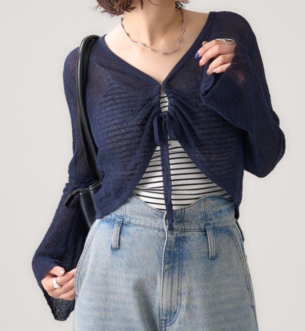  「透かしニットショートボレロ」|カーディガン|ネイビー