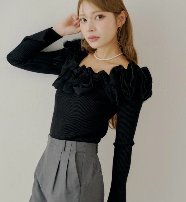  「【SALON by Chico】2wayフリルデザインオフショルニット」|ニット・セーター|ブラック