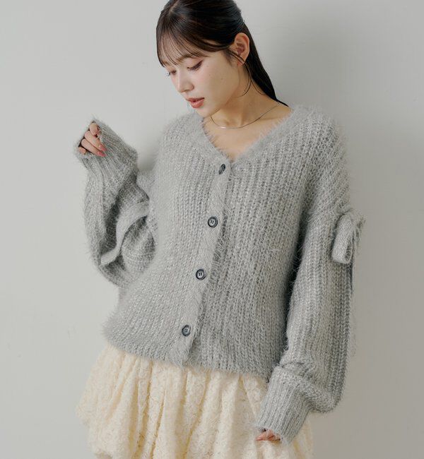  「袖リボンルーズリブカーディガン」|カーディガン|