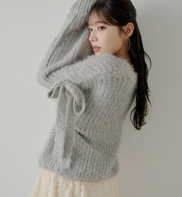  「袖リボンルーズリブカーディガン」|カーディガン|