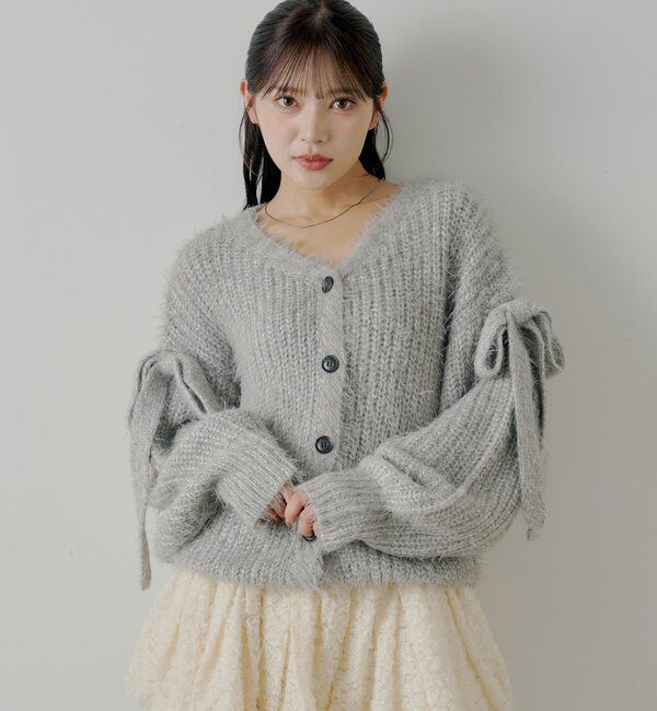  「袖リボンルーズリブカーディガン」|カーディガン|
