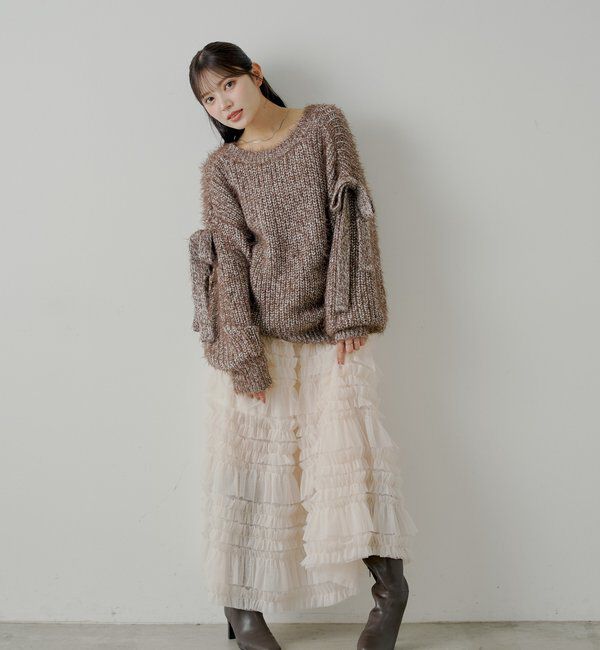  「袖リボンルーズリブカーディガン」|カーディガン|