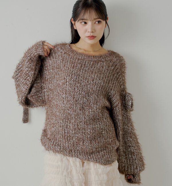  「袖リボンルーズリブカーディガン」|カーディガン|