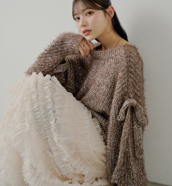  「袖リボンルーズリブカーディガン」|カーディガン|ブラウン