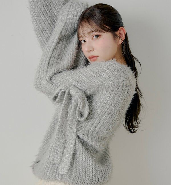  「袖リボンルーズリブカーディガン」|カーディガン|グレー