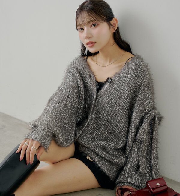  「袖リボンルーズリブカーディガン」|カーディガン|チャコールグレー