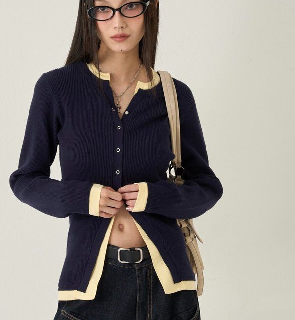  「レイヤードヘンリーナローカーデ」|ニット・セーター|ブルー