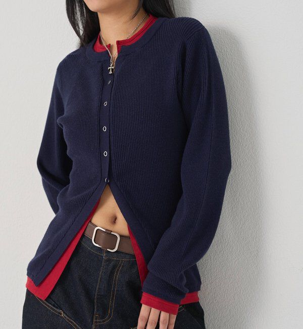  「レイヤードヘンリーナローカーデ」|ニット・セーター|ネイビー