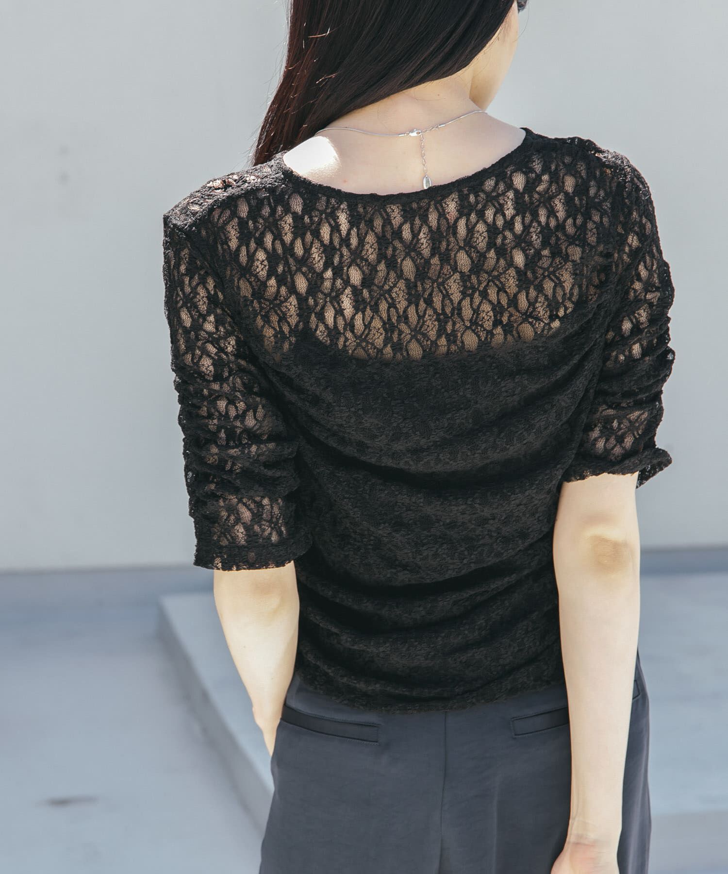  「ハーフスリーブドレープレースTEE」|Tシャツ・カットソー|ブラック