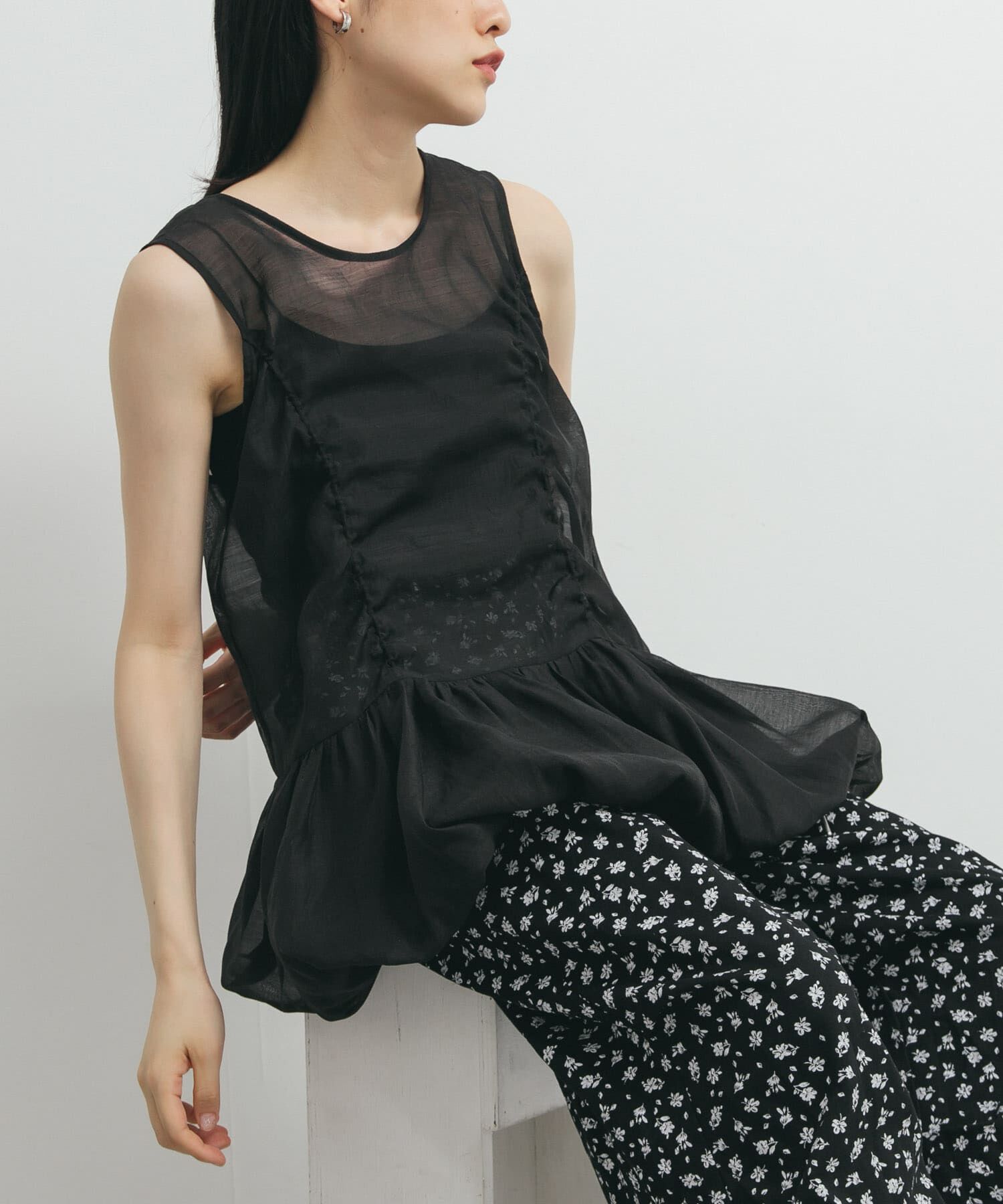  「ドロストバルーンスリーブレストップス」|チュニック|ブラック