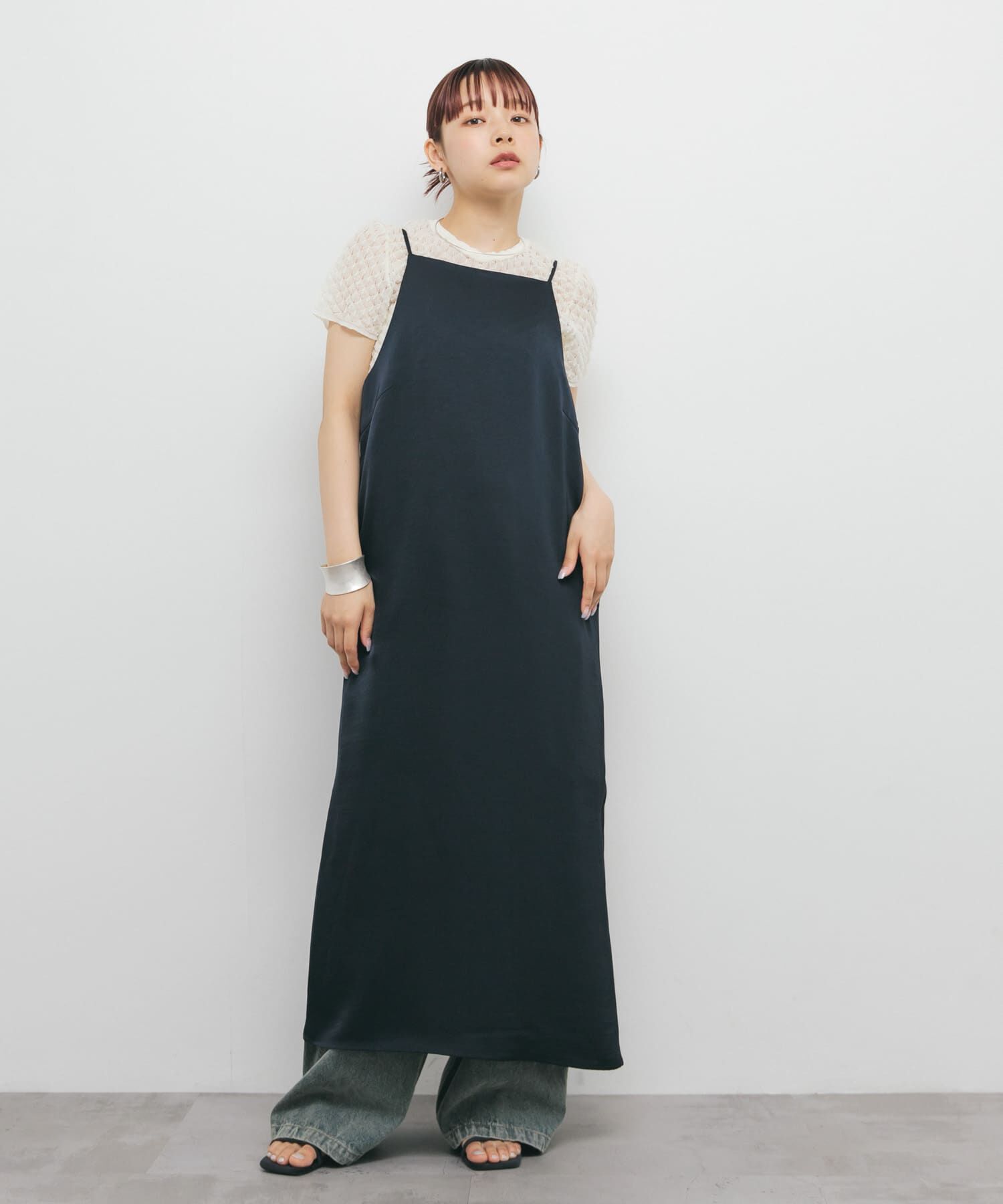  「サテンキャミワンピース」|ワンピース|ネイビー