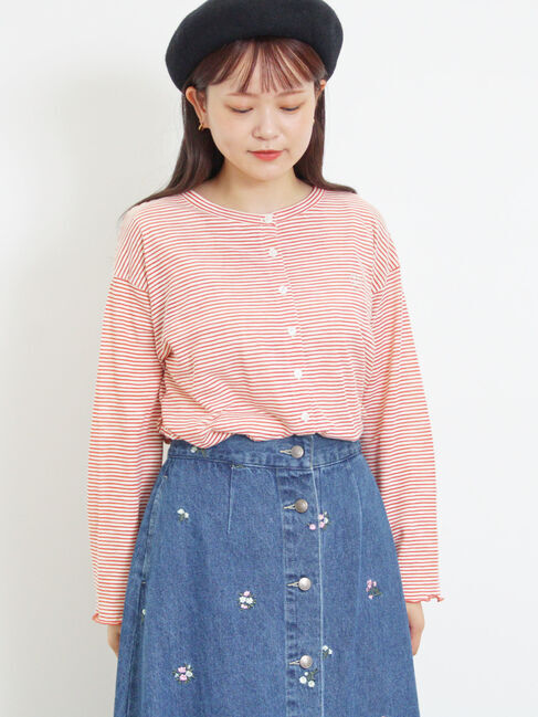 Samansa Mos2「ワンポイント刺繍シアーボーダーカーディガン」|カーディガン|