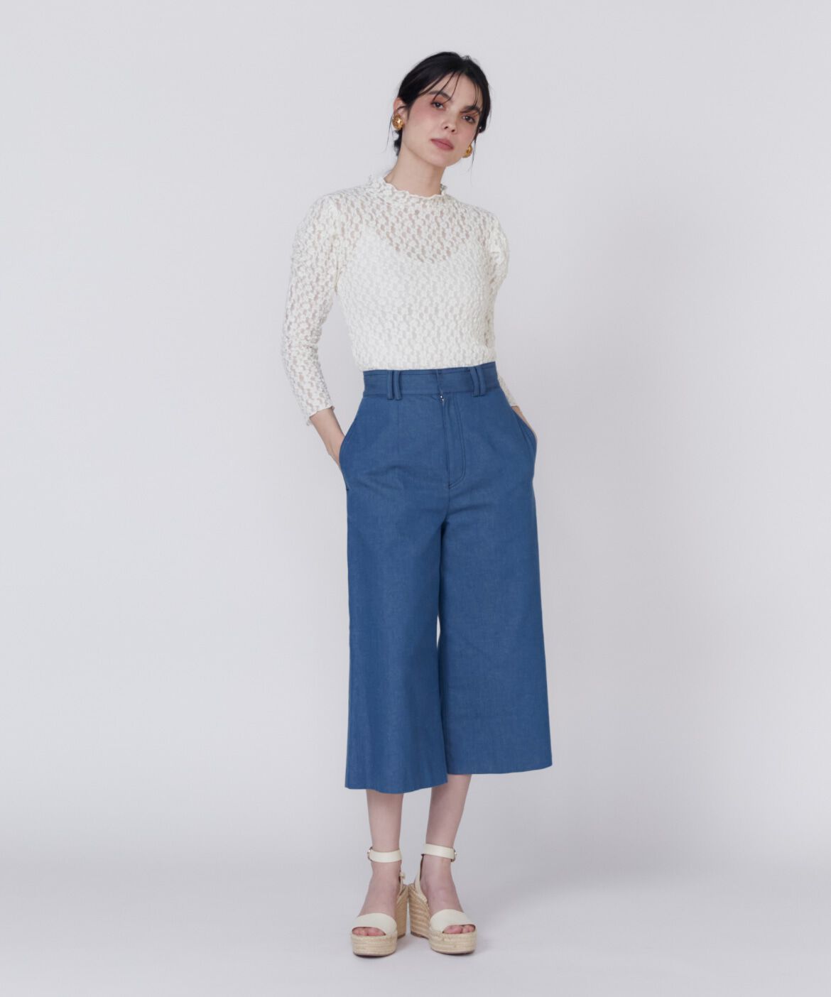 Maglie le cassetto「パールボタンデニムガウチョ」|デニム|