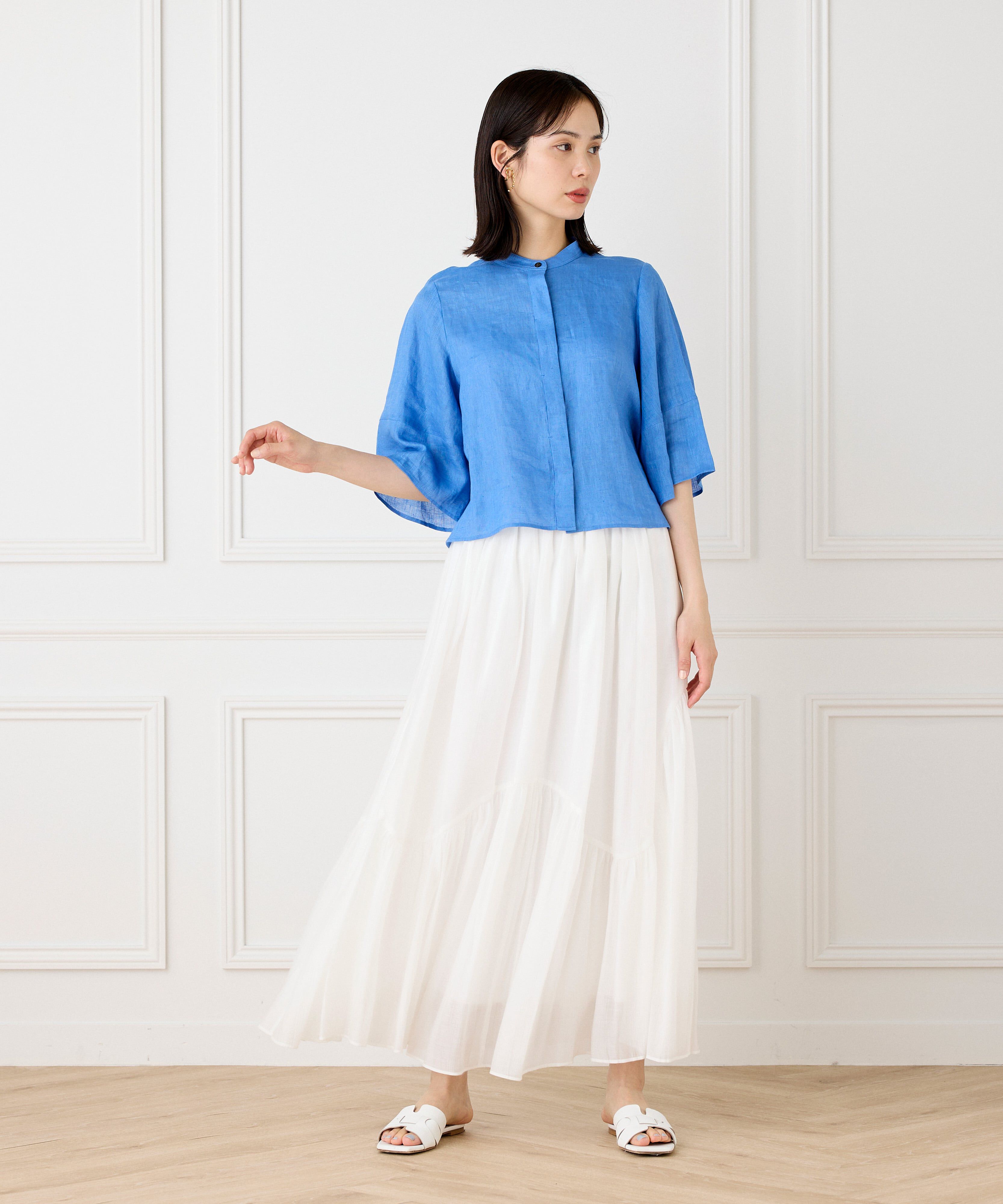 INED「アシンメトリー切り替えギャザースカート」|フレア|