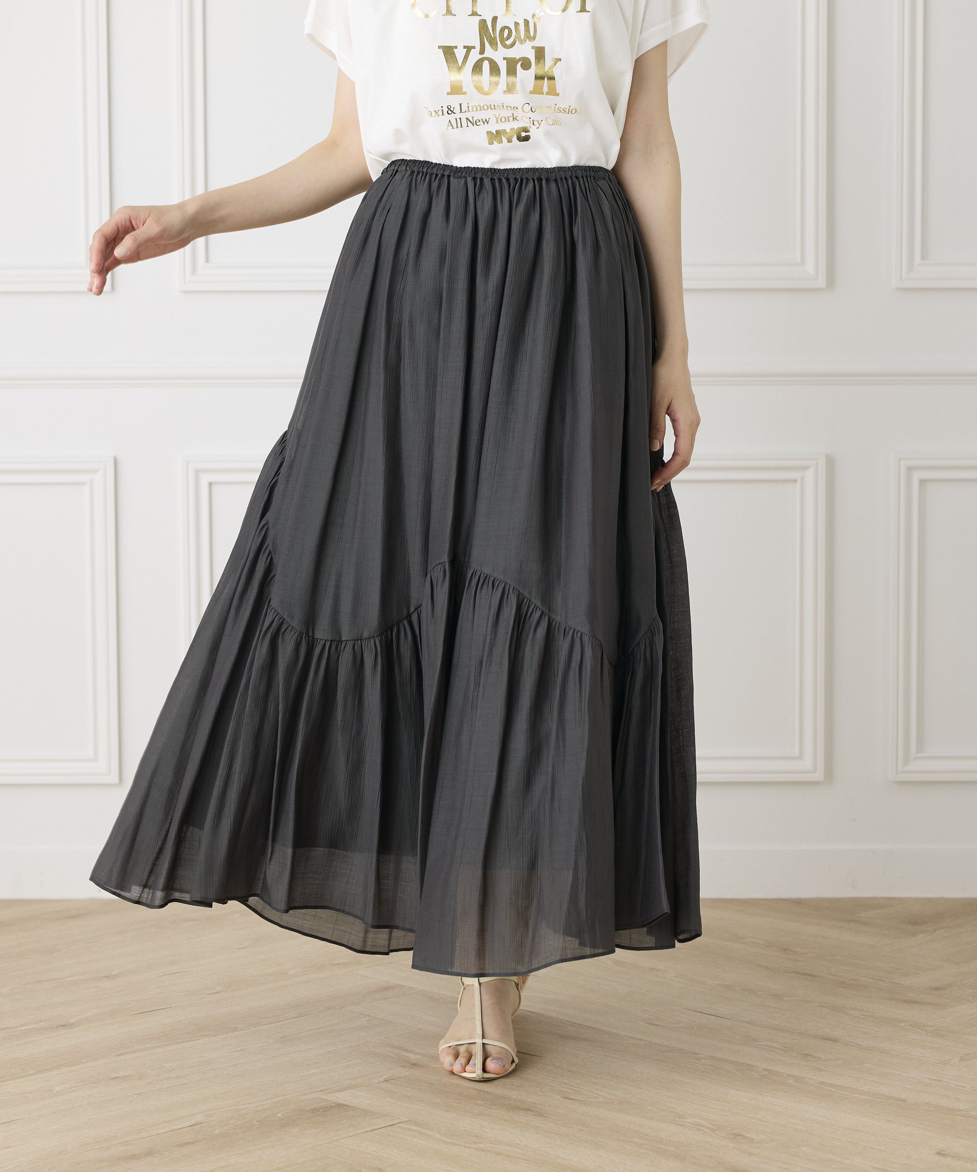 INED「アシンメトリー切り替えギャザースカート」|フレア|