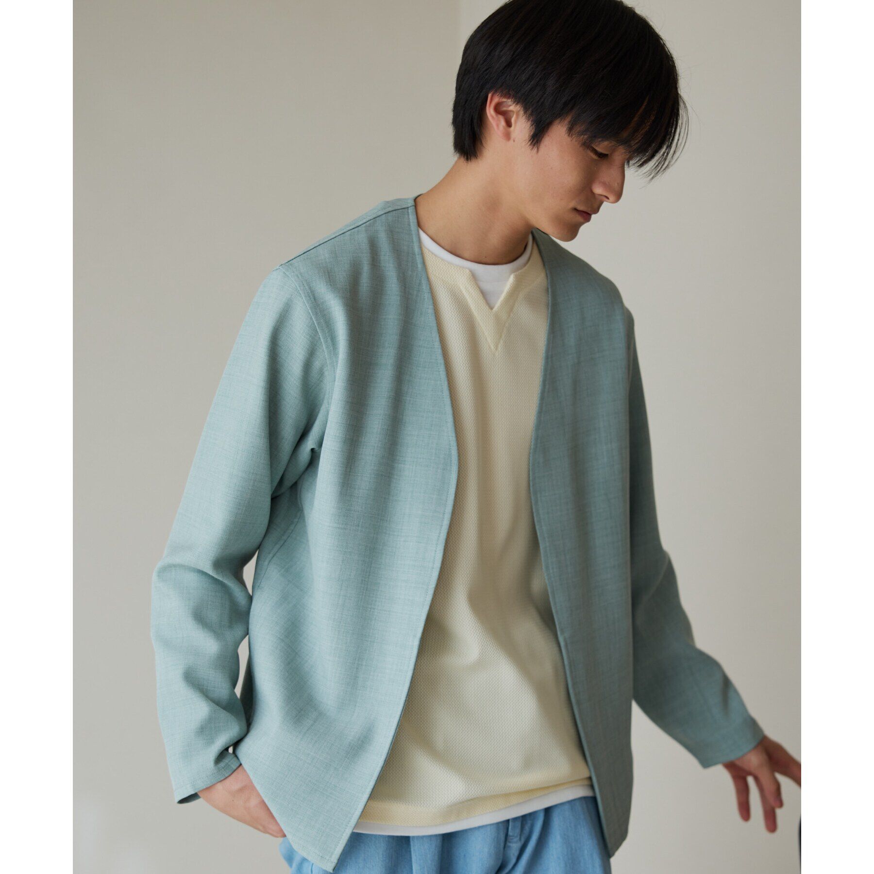 THE SHOP TK「【CAVIAN/キャビアン】リサイクルシャークスキンノーカラーカーディガン セットアップ可」|カーディガン|ブルーグリーン(09