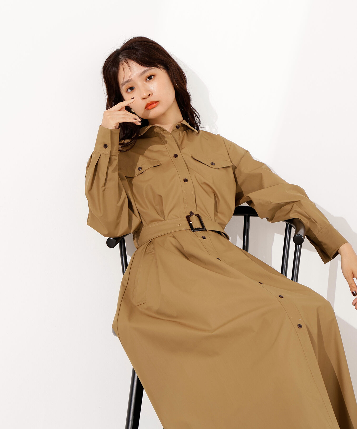  「タック入りシャツワンピース」|ワンピース|ベージュ