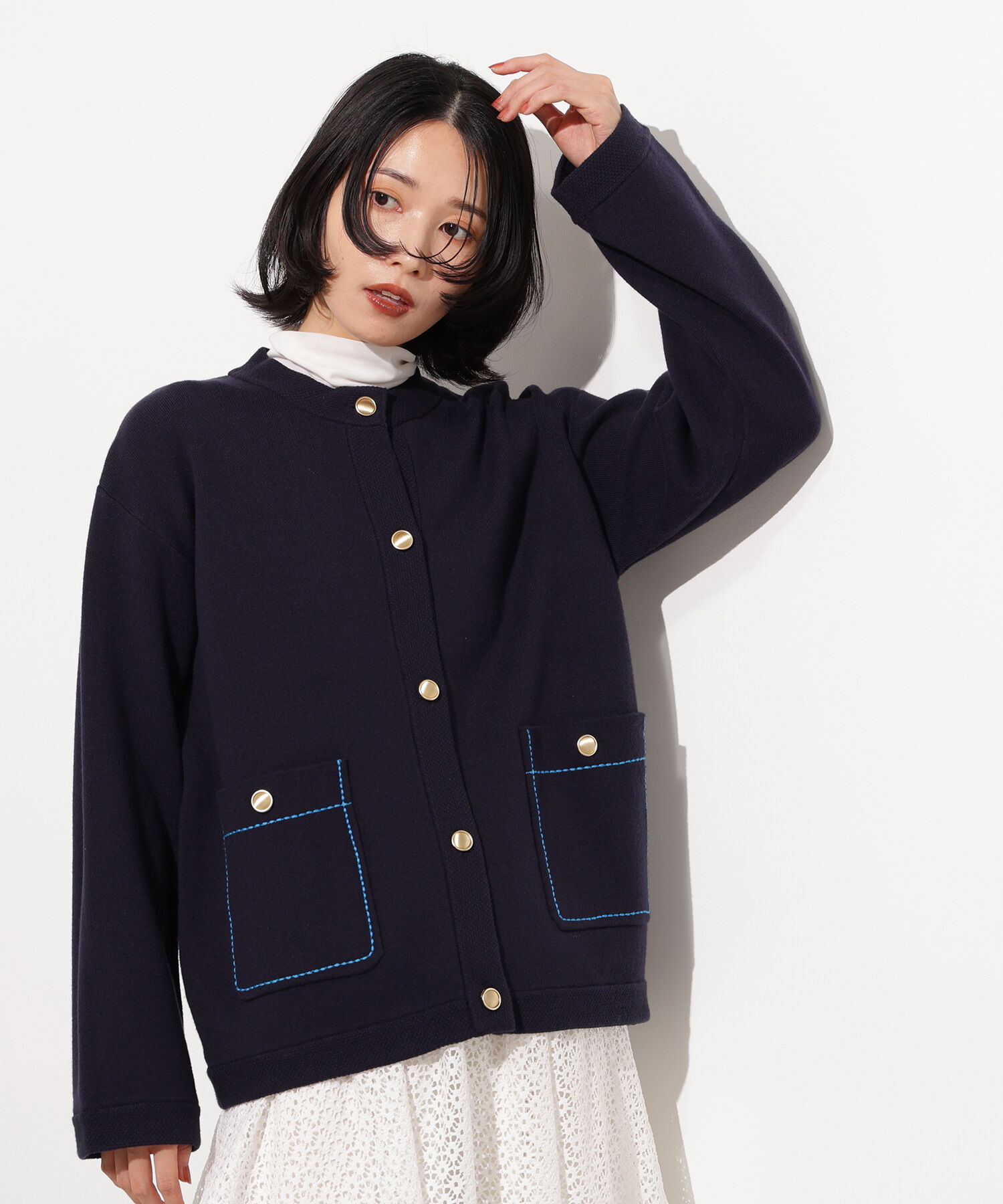  「ミドル丈ニットジャケット」|ニット・セーター|ネイビー