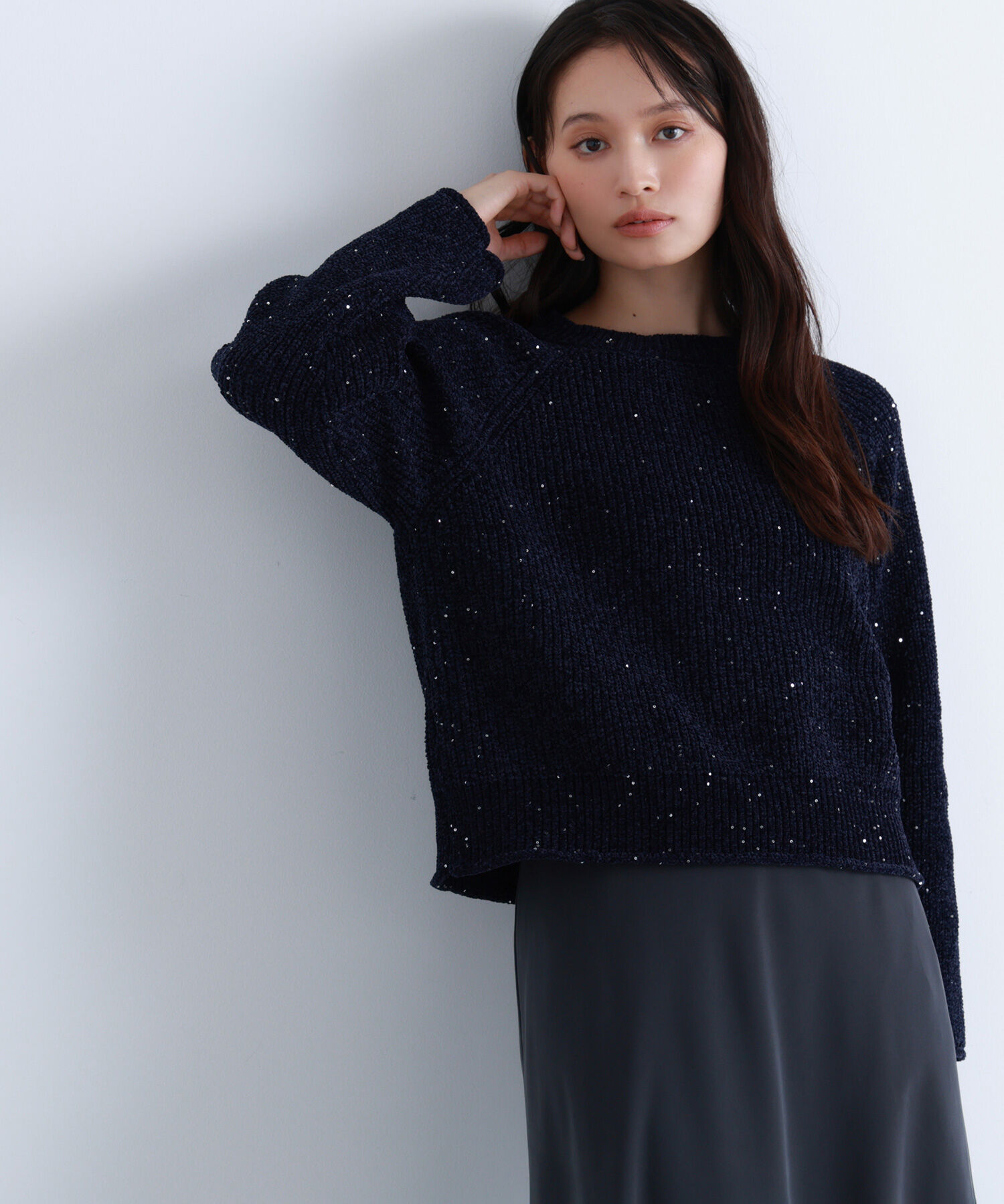  「スパンコールモールニット」|ニット・セーター|ネイビー