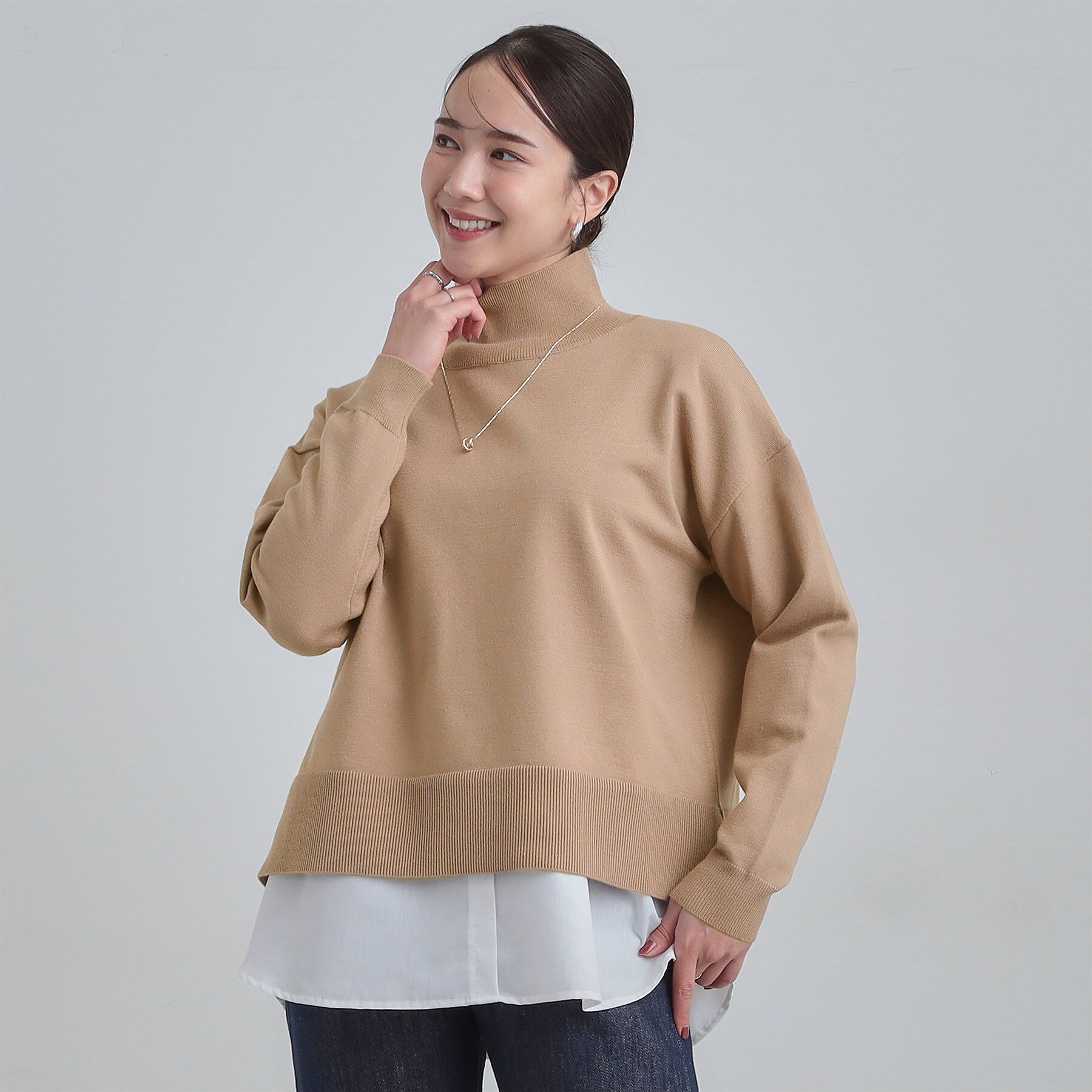 SHOO･LA･RUE「【2点セット/S-LL】時短で決まる もちもちハイネックニット+裾シャツインナー」|ニット・セーター|