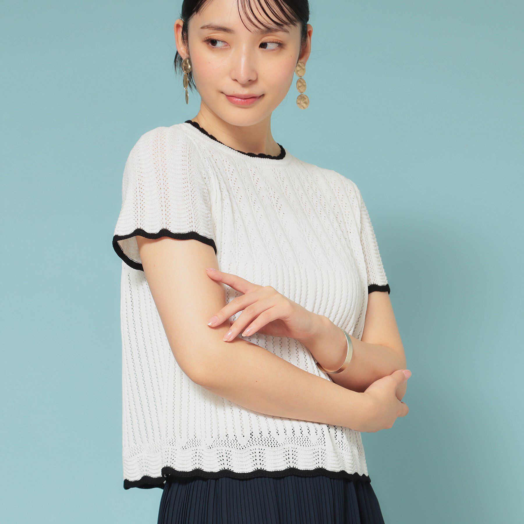 SunaUna「【新作／透かし柄／3色展開】スカラップニット」|ニット・セーター|オフホワイト(003