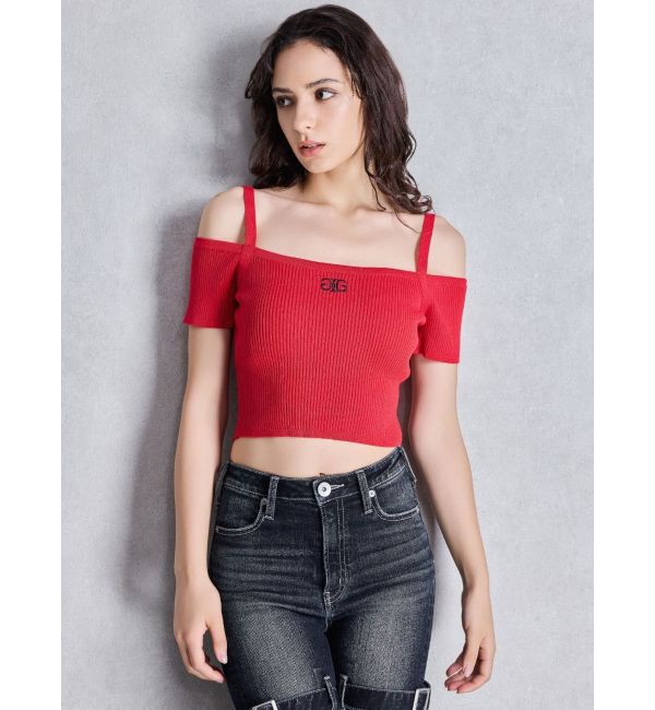 GYDA「SymmetryGYDA オフショルストラップハーフスリーブニットトップス」|ニット・セーター|