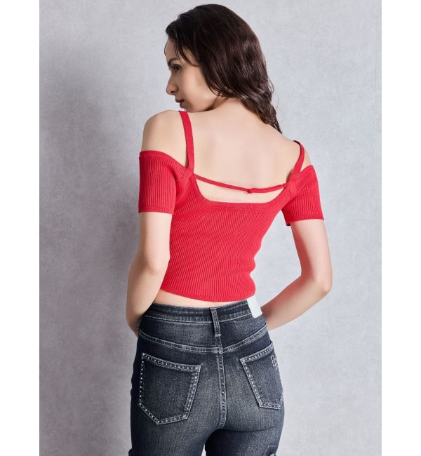 GYDA「SymmetryGYDA オフショルストラップハーフスリーブニットトップス」|ニット・セーター|