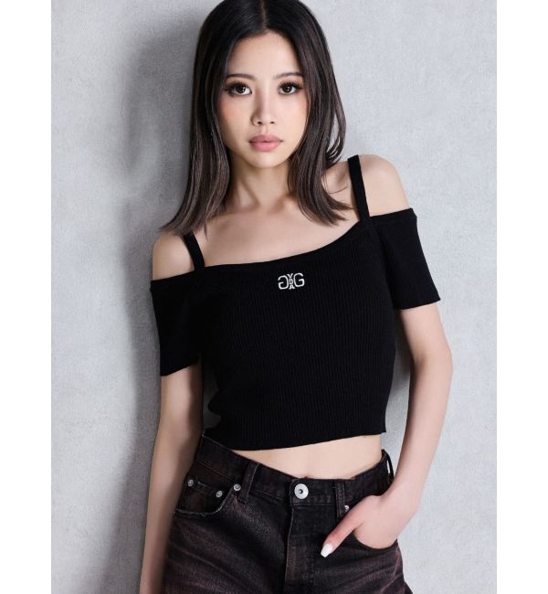 GYDA「SymmetryGYDA オフショルストラップハーフスリーブニットトップス」|ニット・セーター|ブラック