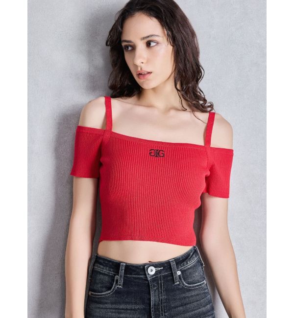 GYDA「SymmetryGYDA オフショルストラップハーフスリーブニットトップス」|ニット・セーター|レッド