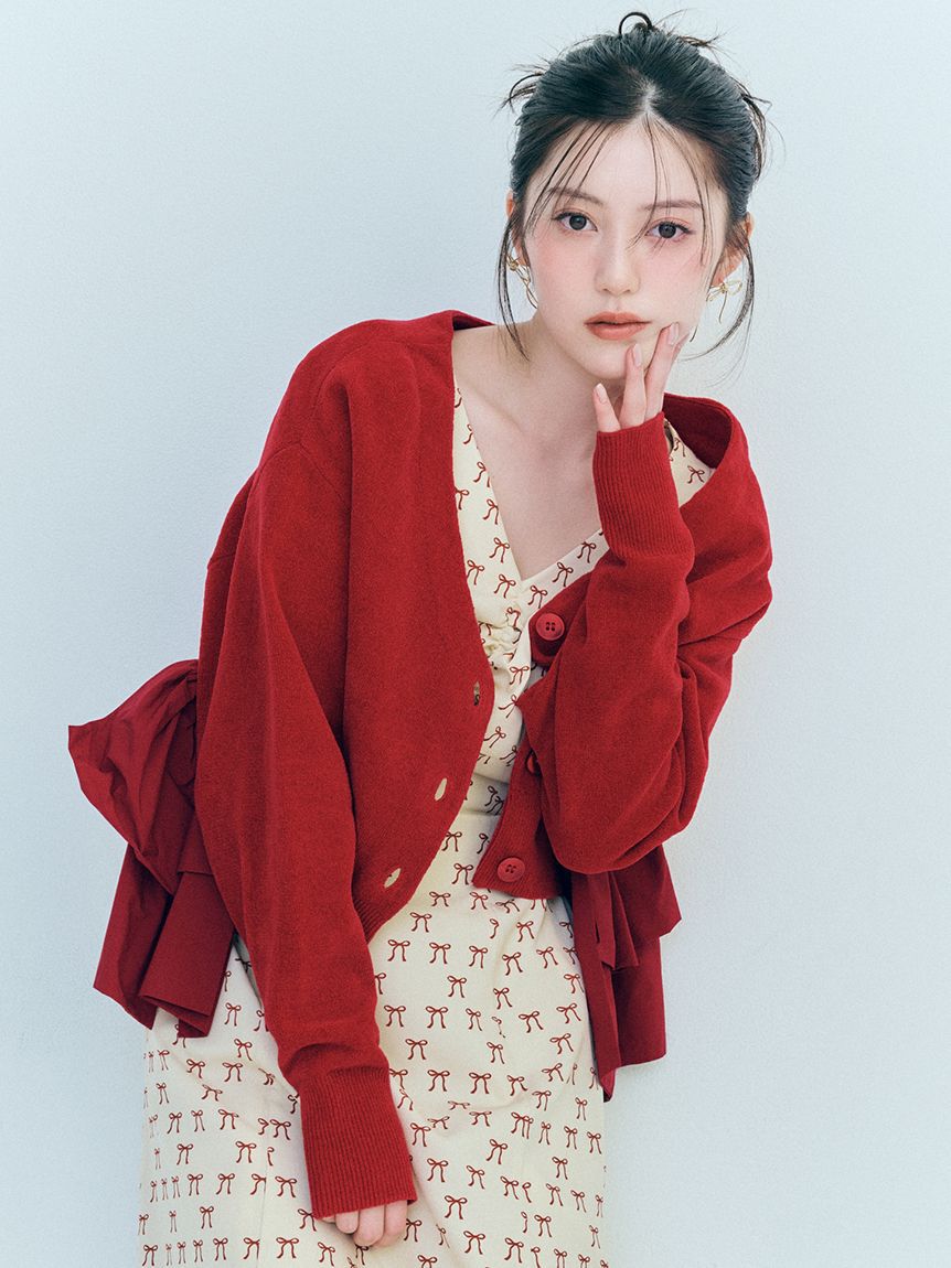 SNIDEL「リボンドッキングカーディガン」|カーディガン|RED