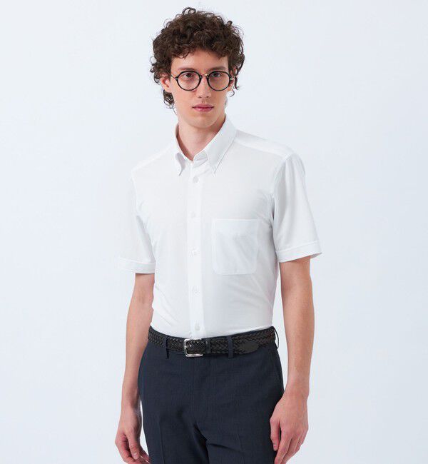 MACKINTOSH PHILOSOPHY「トロッター トリコットジャージー半袖ボタンダウンシャツ  無地/ストライプ」|シャツ・ブラウス|ホワイト