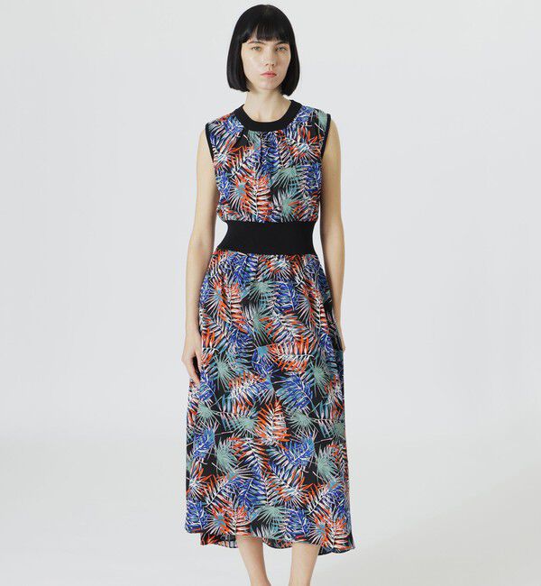  「【手洗い可】リブコンビボタニカルプリントワンピース」|ワンピース|ブラック