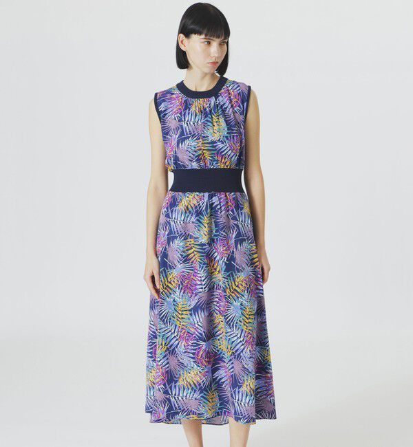  「【手洗い可】リブコンビボタニカルプリントワンピース」|ワンピース|ネイビー