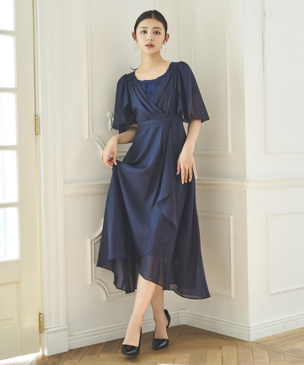 アンドクチュール「カシュクールレースレイヤードドレス」|ドレス|ネイビー