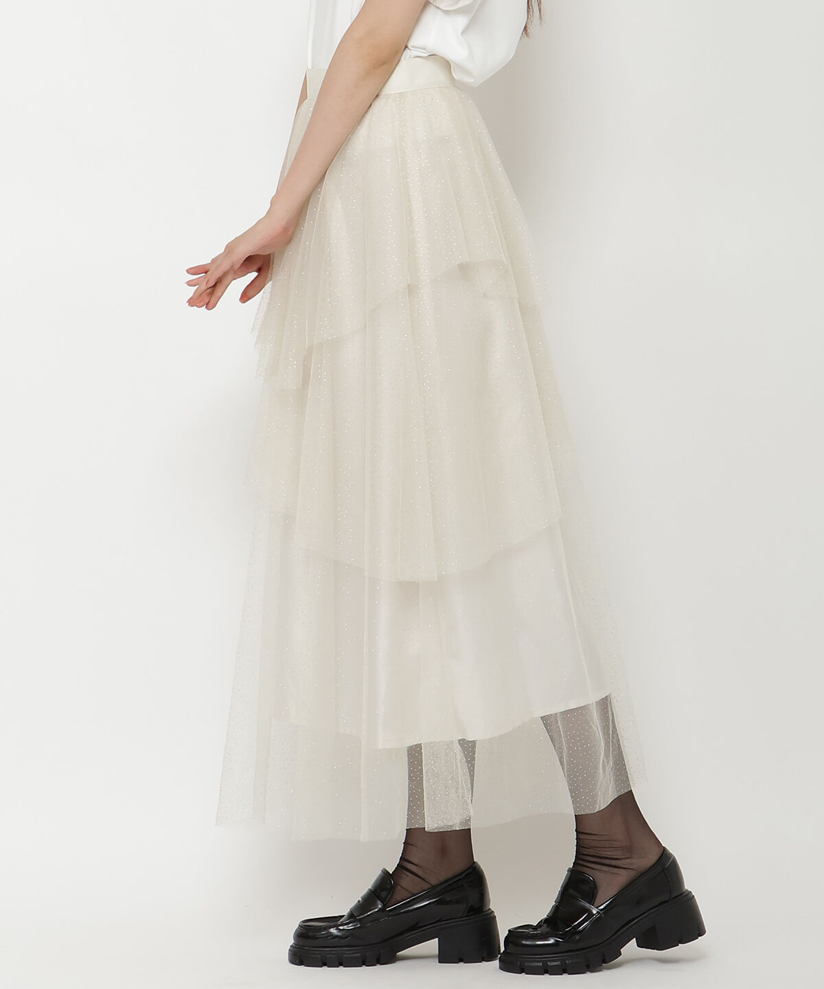 REDYAZEL「ラメチュールアシメティアードスカート」|フレア|