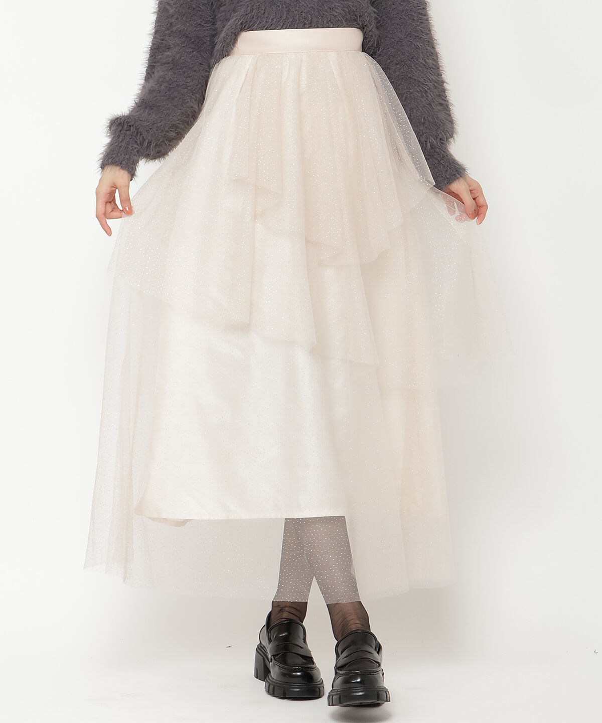 REDYAZEL「ラメチュールアシメティアードスカート」|フレア|