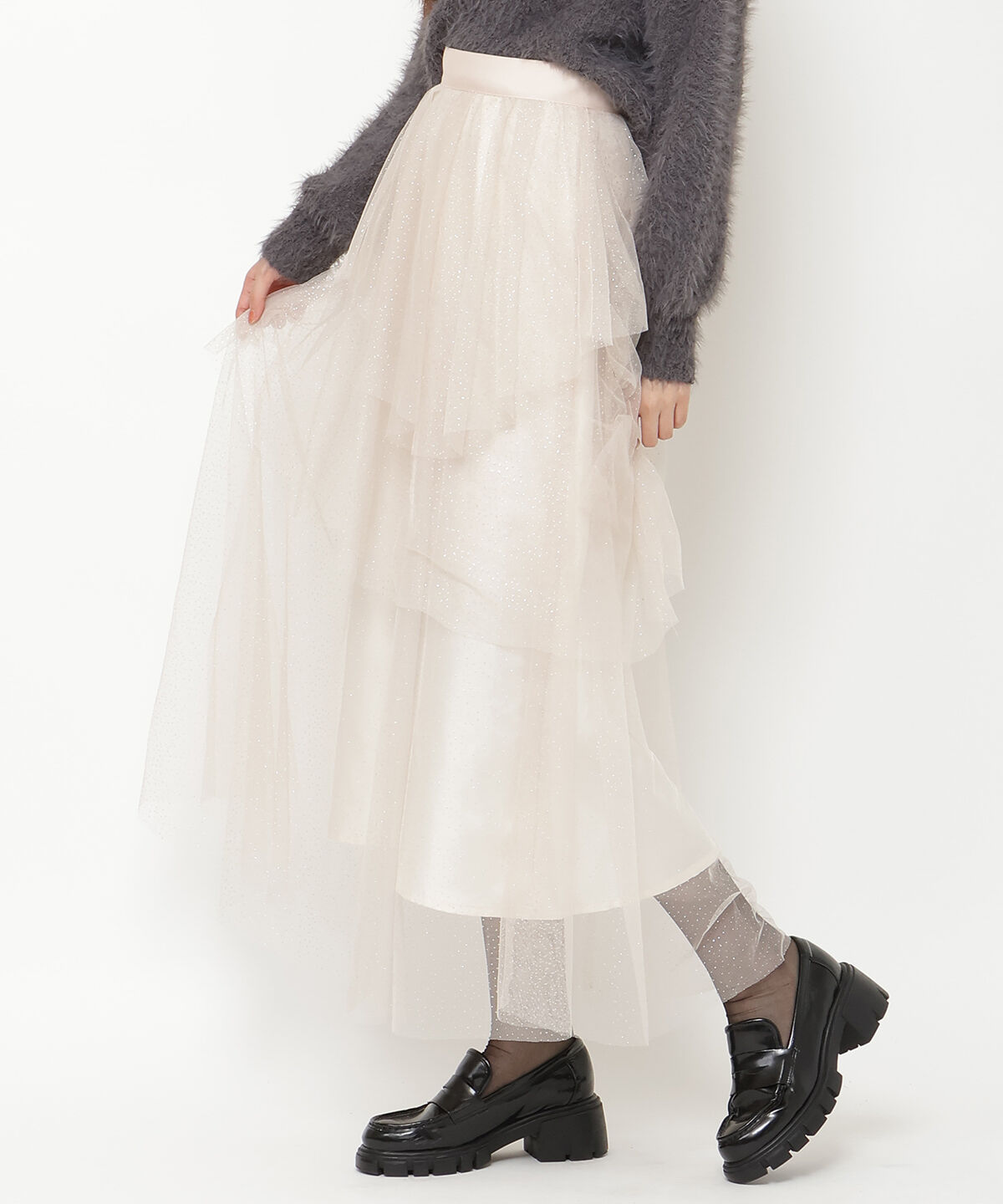 REDYAZEL「ラメチュールアシメティアードスカート」|フレア|