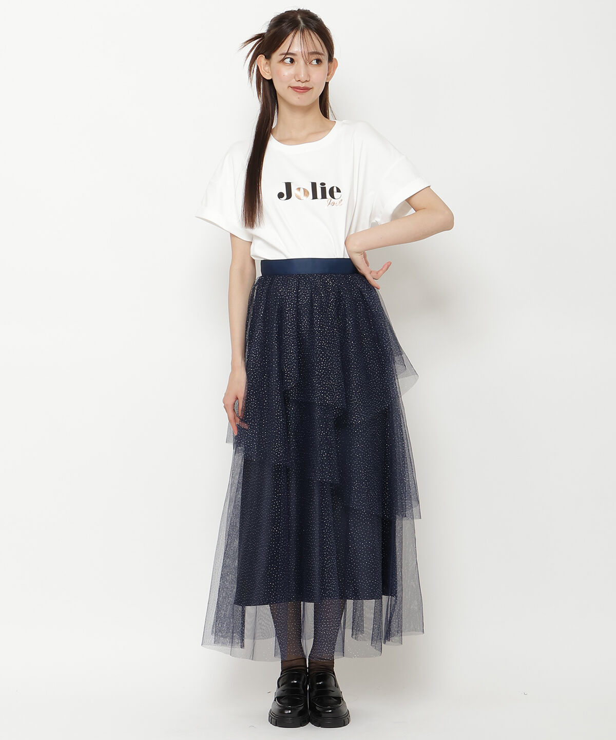 REDYAZEL「ラメチュールアシメティアードスカート」|フレア|ネイビー